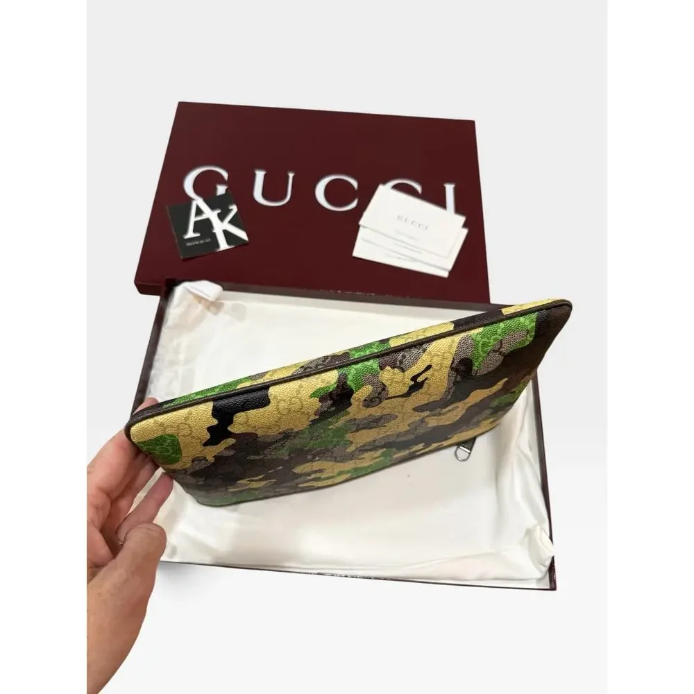 Gucci GG Monogram Camouflage Pouch Green Yellow Brown Double G Clutch NIB